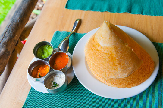 'Dosa' (crepe) served at the restaurant of Spice Village Resort, Kumily, Kerala state, South India, Asia