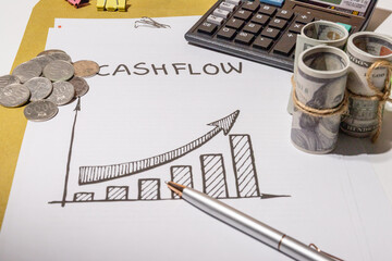 Cash Flow Diagram with Coin Stacks and Cash – Visualizing Business Income and Financial Movement