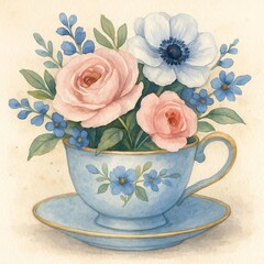 Vintage teacup bouquet watercolor painting
