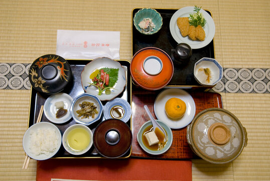 Lunch served in room at Henjoko-in Temple, Pilgrim's and tourist lodging (Shukubo), Mount Koya, Wakayama Prefecture, Japan, East Asia