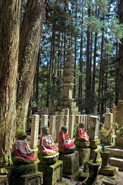Jizo statues and graves at Okunoin of Mount Koya, a sacred Buddhist site and cemetery, Wakayama Prefecture, Japan, East Asia