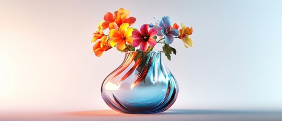Elegant glass vase with swirling colors and vibrant floral arrangement on display