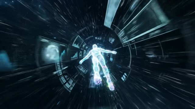 AI Hologram Navigating Neon Data Wormhole in Futuristic Sci-Fi Vortex