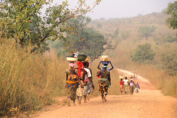 Women carrying basket on their head walking on a laterite track, Benin, Gulf of Guinea, West Africa