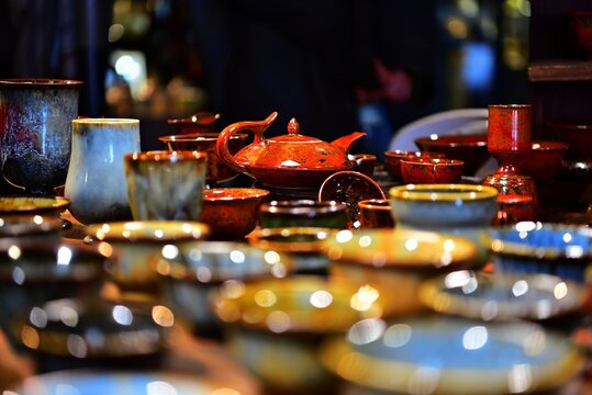 Fine handcrafted porcelain at a stall in TaoXiChuan Art Avenue, Jingdezhen, Jiangxi Province, China