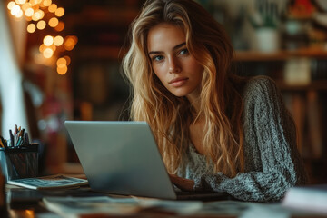 Woman sitting at a table with a laptop.