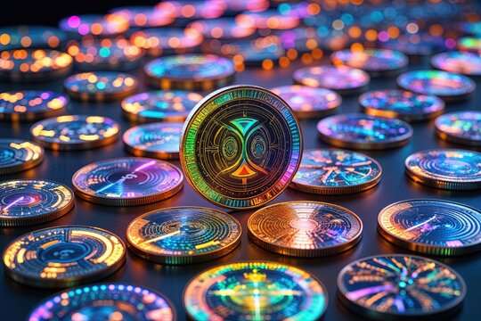 Luminous Array of Spectacular Coins in Advanced Futuristic Holographic Design for New Age Investment and Technology