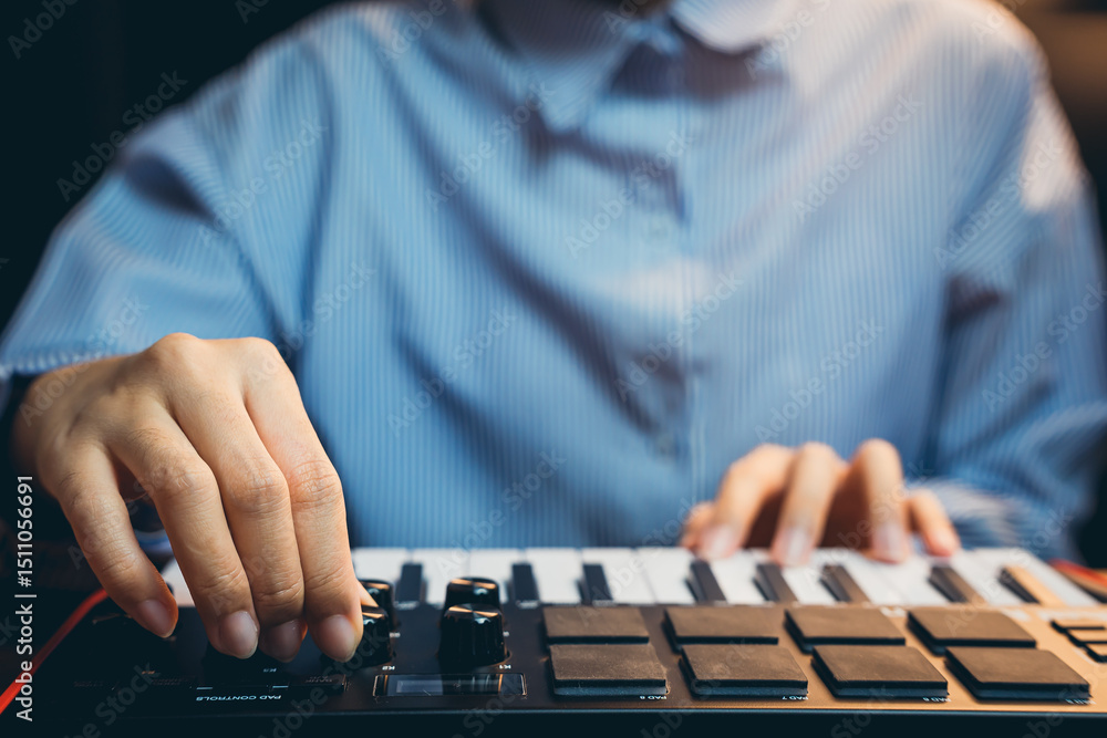 Poster pianist concept. close-up of a music producer adjusting controls on a midi keyboard in a home studio