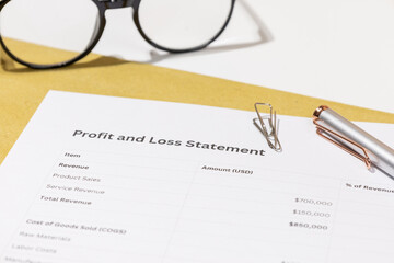 Detailed Profit & Loss Report with Eyeglasses and Pen – Accounting and Budgeting Scene
