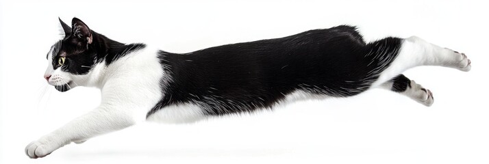 Dynamic leap of a black and white tuxedo cat against a pristine white backdrop