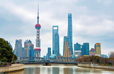 Skyline of Lujiazui viewed from Suzhou Creek, Shanghai, China