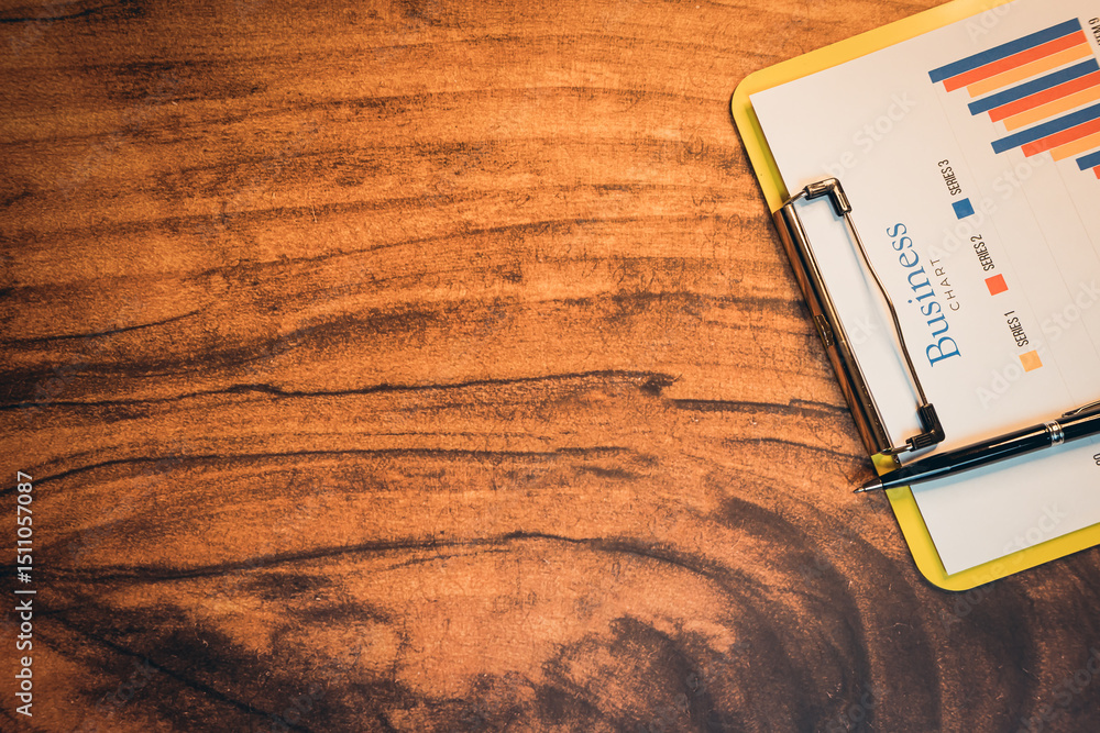 Poster business concept. business data analysis on a clipboard with colorful graphs and elegant wood table 