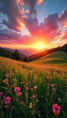 Obraz premium A vibrant sunrise paints the landscape in warm, rosy hues, illuminating a lush meadow bathed in golden light Perfect for nature, travel, and spring themes , light, ecology, bright