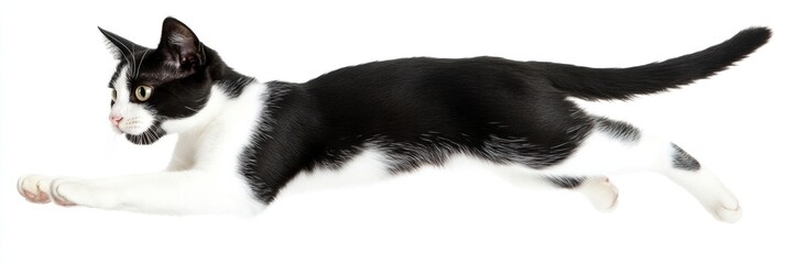 Dynamic tuxedo cat leaps against white backdrop, showcasing agile grace and energy