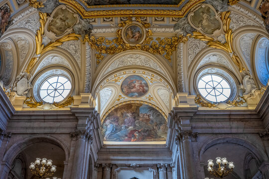 Naklejki Looking up at the highly decorated ceiling from the grand stairway of Palacio Real (Royal Palace), Madrid, Spain