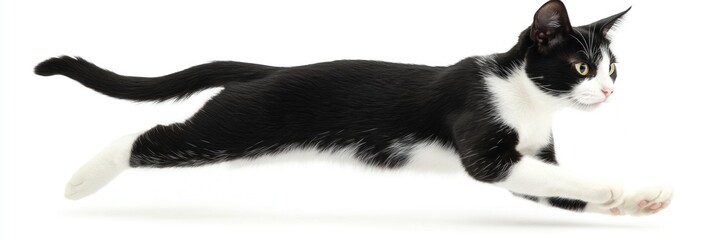 Dynamic tuxedo cat leaping, a symbol of agility and grace on white backdrop