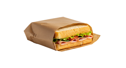Delicious ham sandwich in brown paper bag on white background for lunch and takeout food concept on transparent background