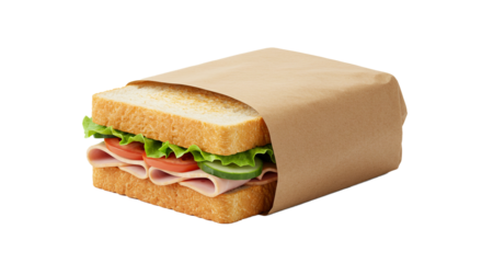 Delicious sandwich in brown paper bag with ham lettuce tomato and cucumber on white background isolated on transparent background