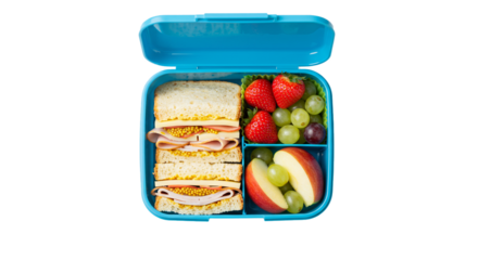 Healthy lunch box ideas: sandwich, strawberries, grapes, and apple slices for kids and adults alike on transparent background