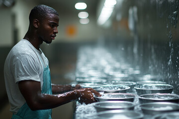 A man in a white shirt and blue apron washing dishes in a large pan.