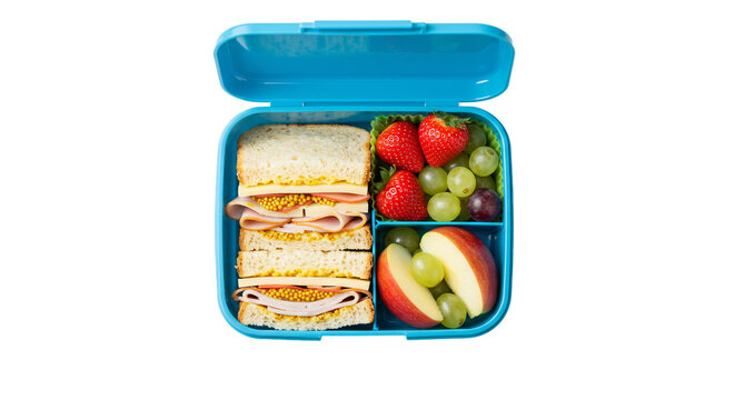 Healthy lunch box ideas: sandwich, strawberries, grapes, and apple slices for kids and adults alike on transparent background