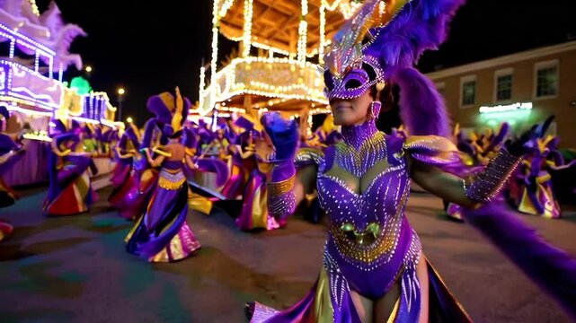 Vibrant dancers in colorful Mardi Gras costumes