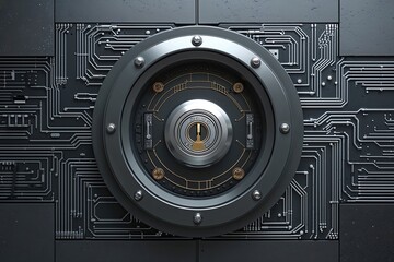 Virtual Lock Secure Vault Door Circuit Design on Charcoal Surface Representing Technology and Trust