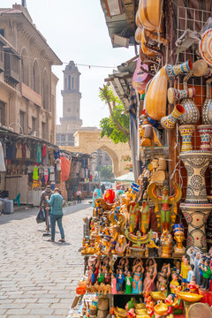 View of souvenir stalls near busy Khan Al-Khalili market, Cairo, Egypt, North Africa, Africa