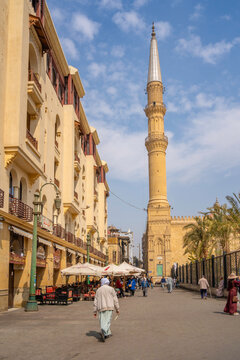 View of cafes and Al Emam El Hussein Mosque, Cairo, Egypt, North Africa, Africa