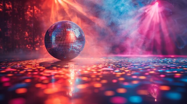 Bright glowing disco ball reflecting light across dance hall high resolution image