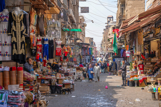 View of stalls and shoppers at busy Khan Al-Khalili market, Cairo, Egypt, North Africa, Africa