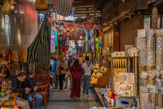 View of stalls and shoppers at busy Khan Al-Khalili market, Cairo, Egypt, North Africa, Africa