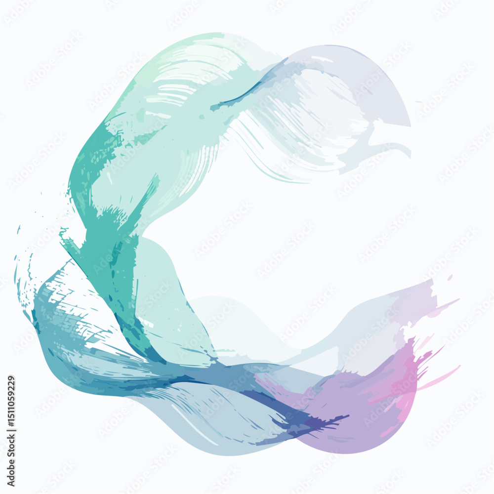Poster a circular swirl of translucent teal and purple ribbon-like forms on a white background, creating a 