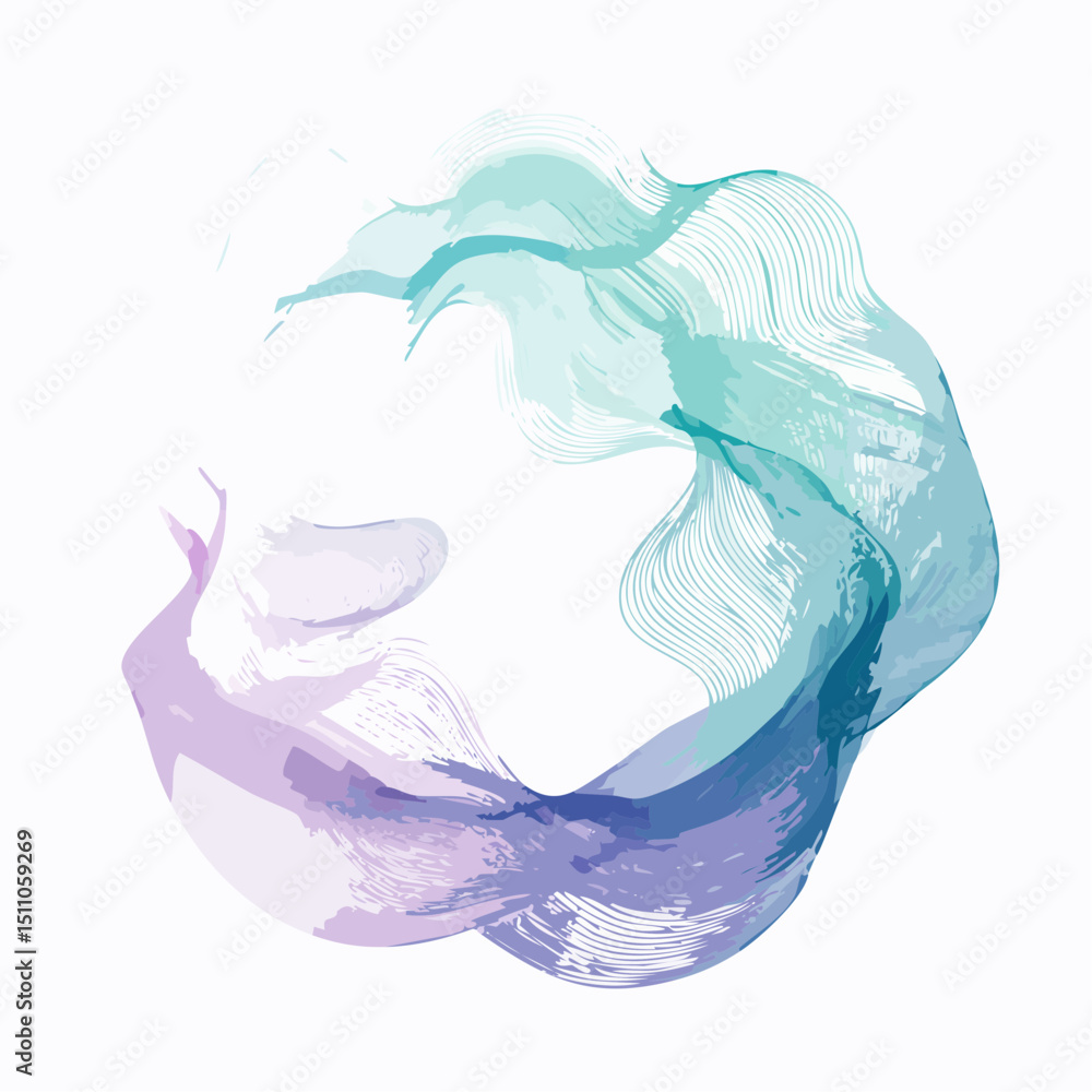 Poster a circular swirl of translucent teal and purple ribbon-like forms on a white background, creating a 