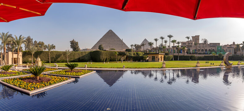 View of Giza Pyramids from Marriott hotel, Cairo, Egypt, Africa