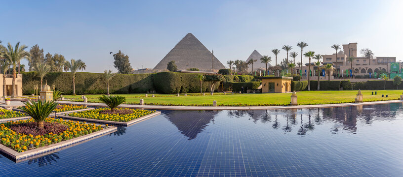 View of Giza Pyramids from Marriott hotel, Cairo, Egypt, Africa