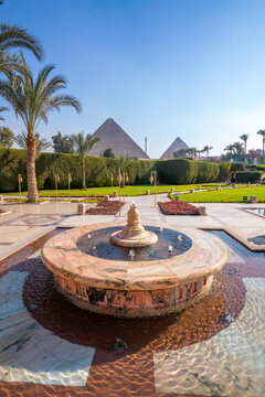 View of Giza Pyramids from Marriott hotel, Cairo, Egypt, Africa