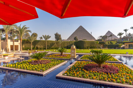 View of Giza Pyramids from Marriott hotel, Cairo, Egypt, Africa
