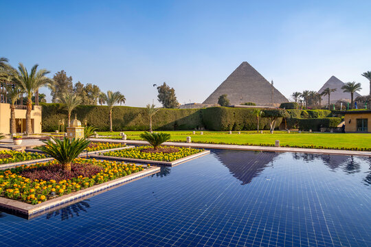 View of Giza Pyramids from Marriott hotel, Cairo, Egypt, Africa