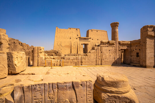 View of the Temple of Horus on a sunny day, Edfu, Egypt, North Africa, Africa