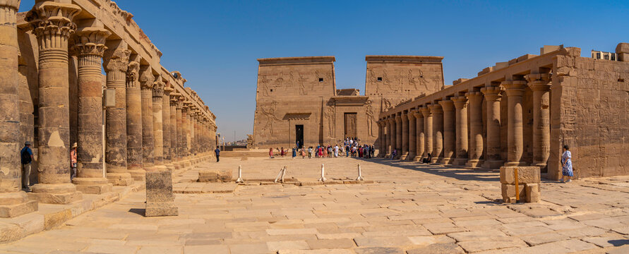 View of visitors at Temple at Philae on a sunny day, Aswan, Nubia, Egypt, North Africa, Africa