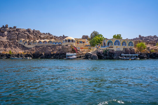 Onboard boat trip to at Temple at Philae on a sunny day, Aswan, Nubia, Egypt, North Africa, Africa