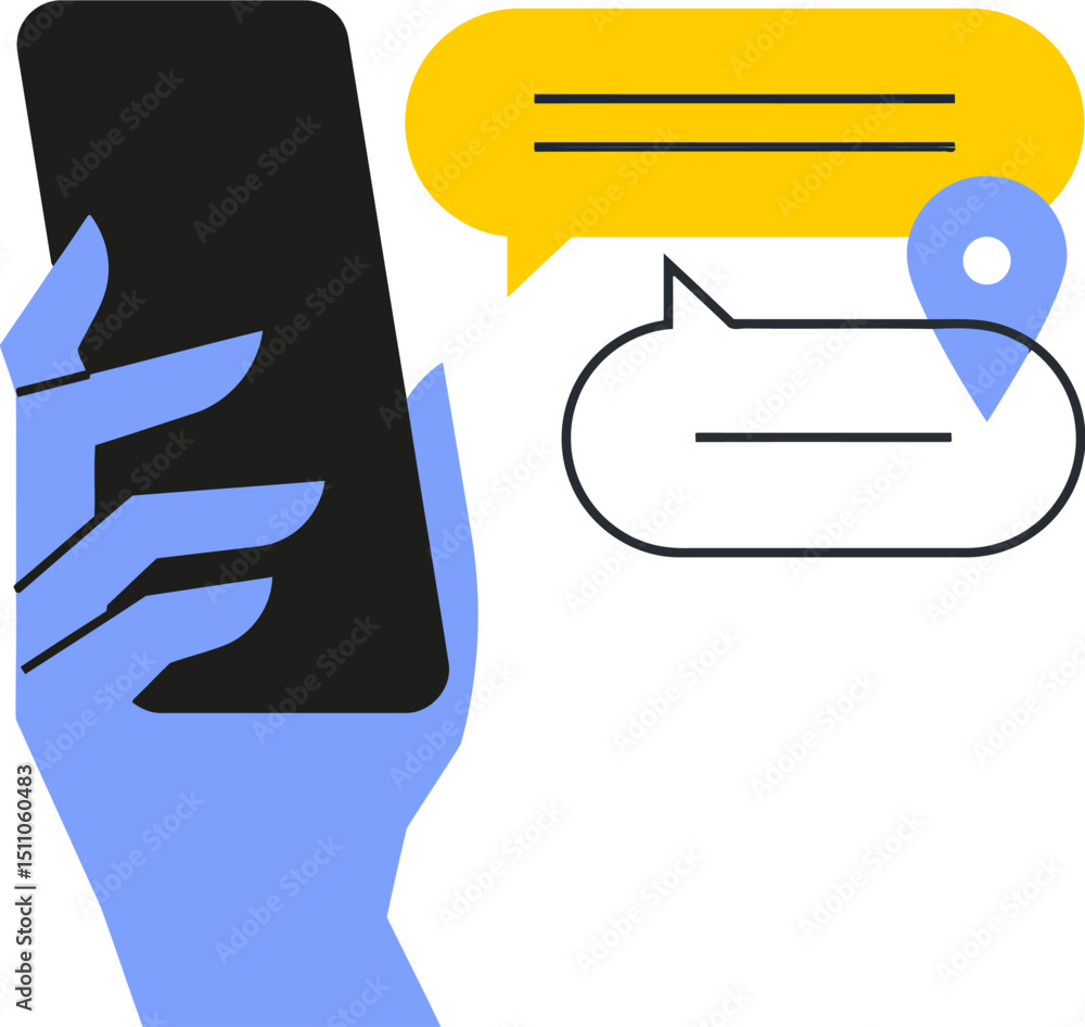 Poster hand holding phone with message notification and location pin vector illustration concept art vector