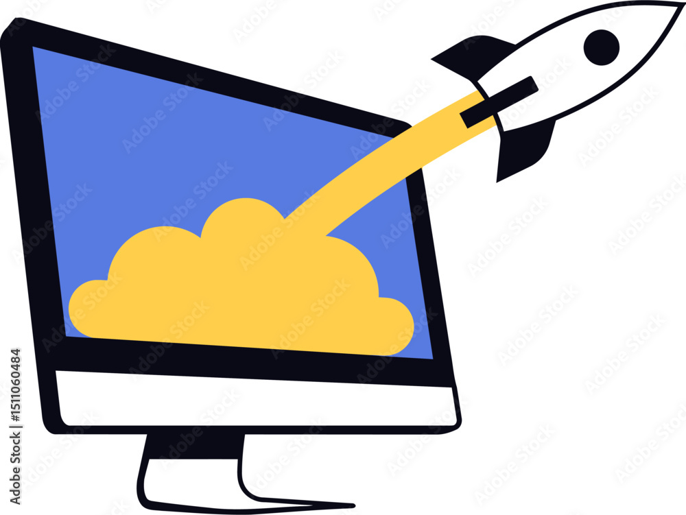 Poster rocket launch from computer screen vector illustration startup business technology concept design 10