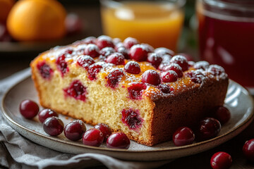 Cranberry cake on plate with fresh cranberries.