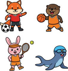Fototapeta premium Cute cartoon animals playing soccer basketball tennis and swimming sports activities vector illustration