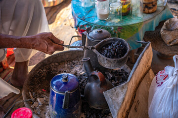 View of coffee making at Star Coffe Nubian on the Nile river near Aswan, Aswan, Nubia, Egypt, North Africa, Africa