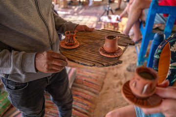 View of coffee served at Star Coffe Nubian on the Nile river near Aswan, Aswan, Nubia, Egypt, North Africa, Africa