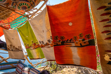 View of colourful souvenirs at Star Coffe Nubian on the Nile river near Aswan, Aswan, Nubia, Egypt, North Africa, Africa