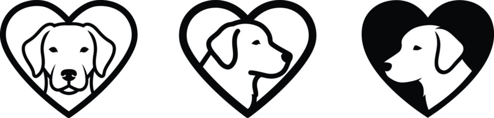 Dog Head in Heart Shape Vector Icons Set – Pet Love Symbol